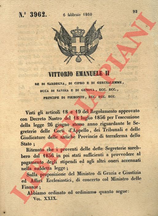 Regio Decreto - con cui si stabilisce la forma di pagamento degli stipendi delle Segreterie delle Corti d'Appello.
