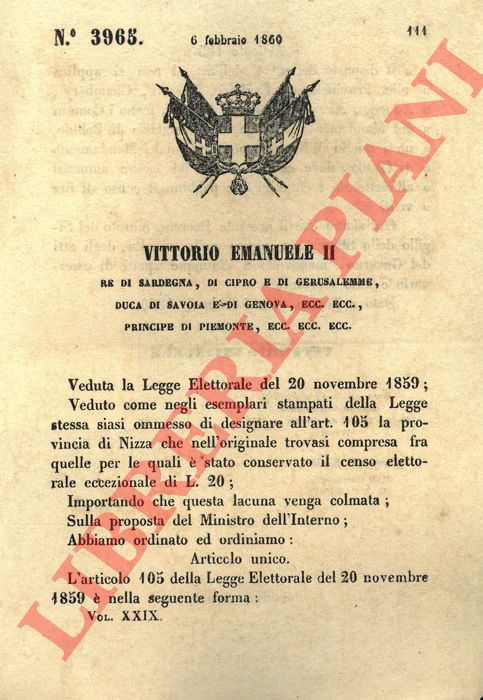 Regio Decreto - con cui si integra la Legge Elettorare del 20 novembre 1859.