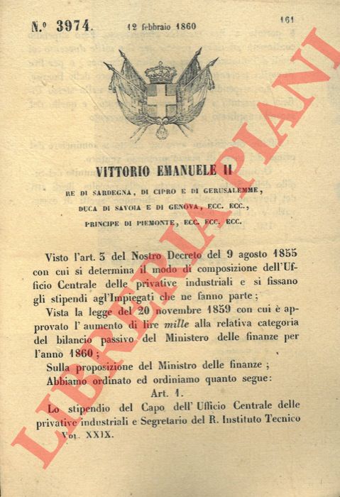 Regio Decreto - col quale si stabiliscono stipendi dei dipendenti dell'Ufficio Centrale delle privative industriali.