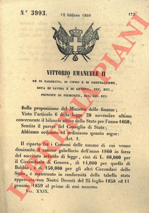 Regio Decreto - con cui si stabilisce il riparto fra i comuni delle somme di cui venne diminuito il canone gabellario dell'anno 1860 per il Circondario di Genova, di Bobbio e degli altri circondari dello Stato.
