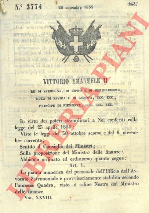 Regio Decreto - con cui viene stabilita la pianta numerica del personale dell'Ufficio dell'Avvocato Patrimoniale.