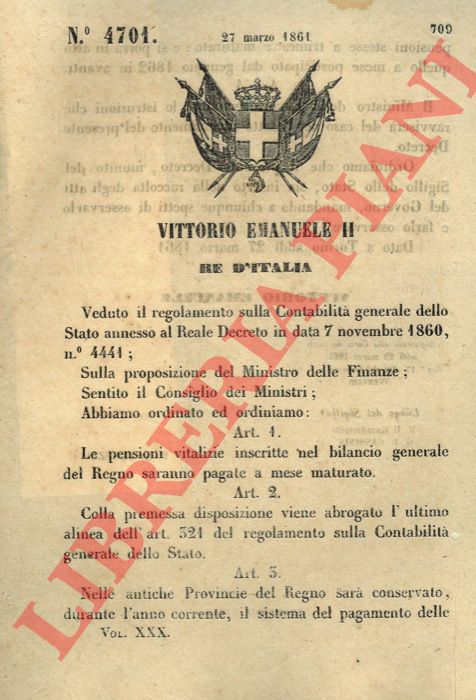 Regio Decreto - con cui si decide che le pensioni vitalizie incluse nel bilancio generale del Regno saranno pagate a mese maturato.